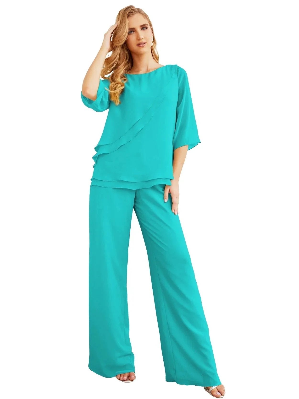 Sunnderly Elegant 2 Piece Mother of The Bride Dress Plus Size Pant Suits Ruffle Layers Sliver Housecoat SY28064 by numbersea