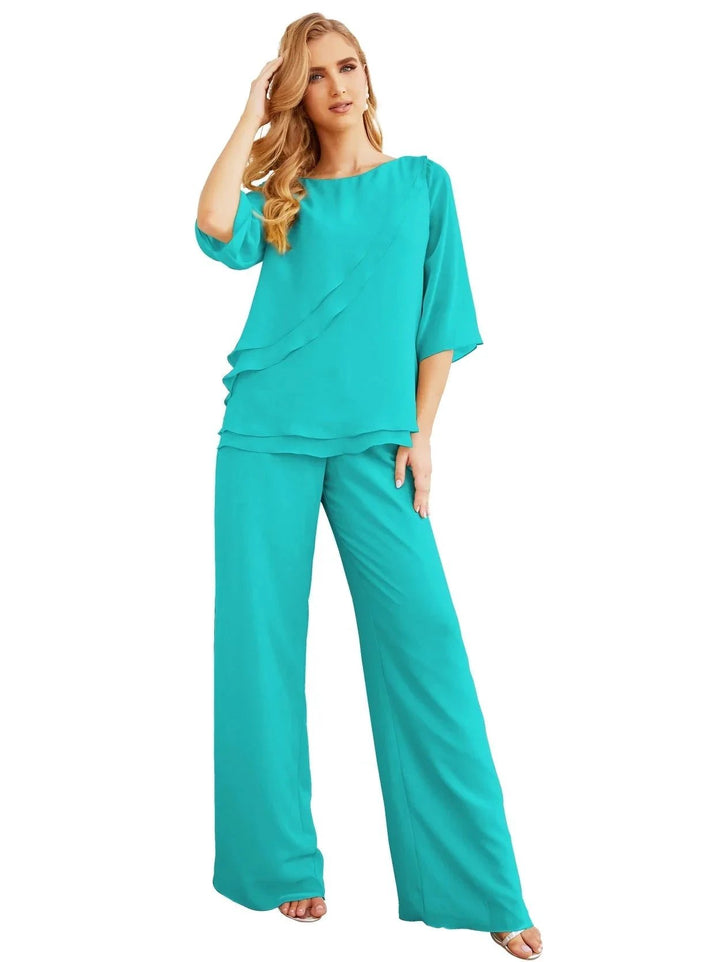 Sunnderly Elegant 2 Piece Mother of The Bride Dress Plus Size Pant Suits Ruffle Layers Sliver Housecoat SY28064 by numbersea