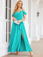 Numbersea Off The Shoulder Chiffon Bridesmaid Dress Long Formal Graduation Gown with Cowl Back 28069 by numbersea