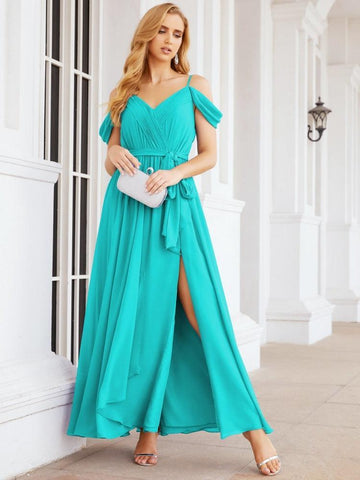 Numbersea Off The Shoulder Chiffon Bridesmaid Dress Long Formal Graduation Gown with Cowl Back 28069