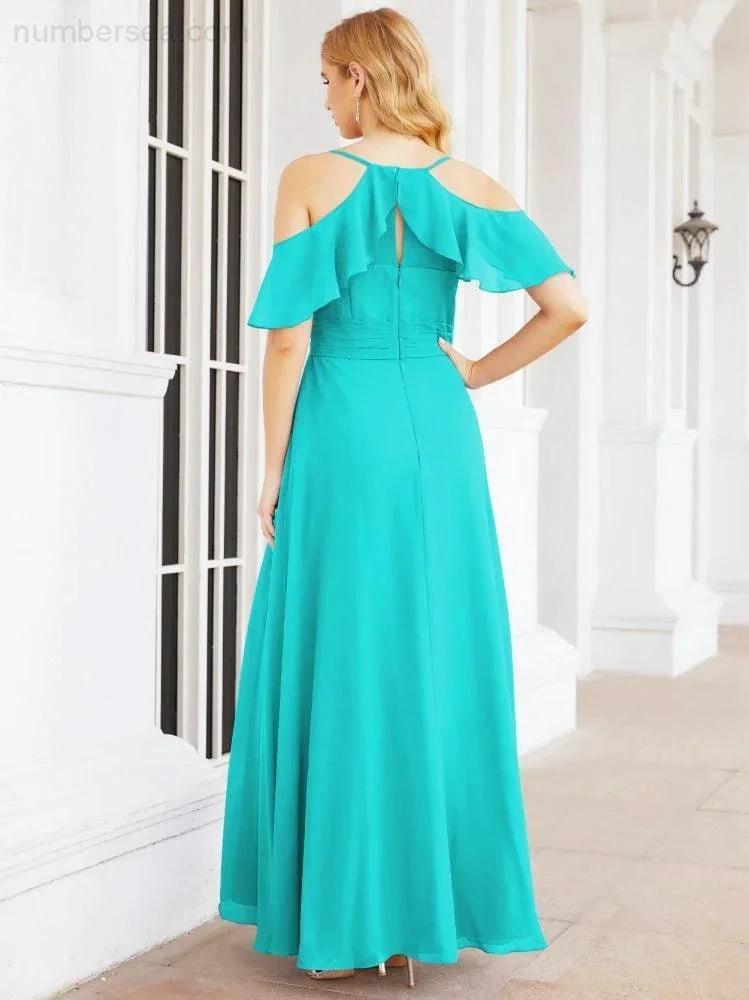 Numbersea Cold Shoulder Long Bridesmaid Dresses Side Slit Formal Prom Gowns Party Wedding 28070 by numbersea