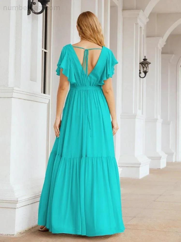 Numbersea Women's Open Back Formal Evening Party Prom Gowns V-Neck Long Chiffon Bridesmaid Dresses with Waist Belt 28038 by numbersea
