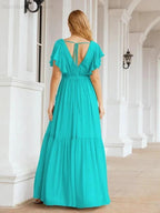 Numbersea Women's Open Back Formal Evening Party Prom Gowns V-Neck Long Chiffon Bridesmaid Dresses with Waist Belt 28038 by numbersea