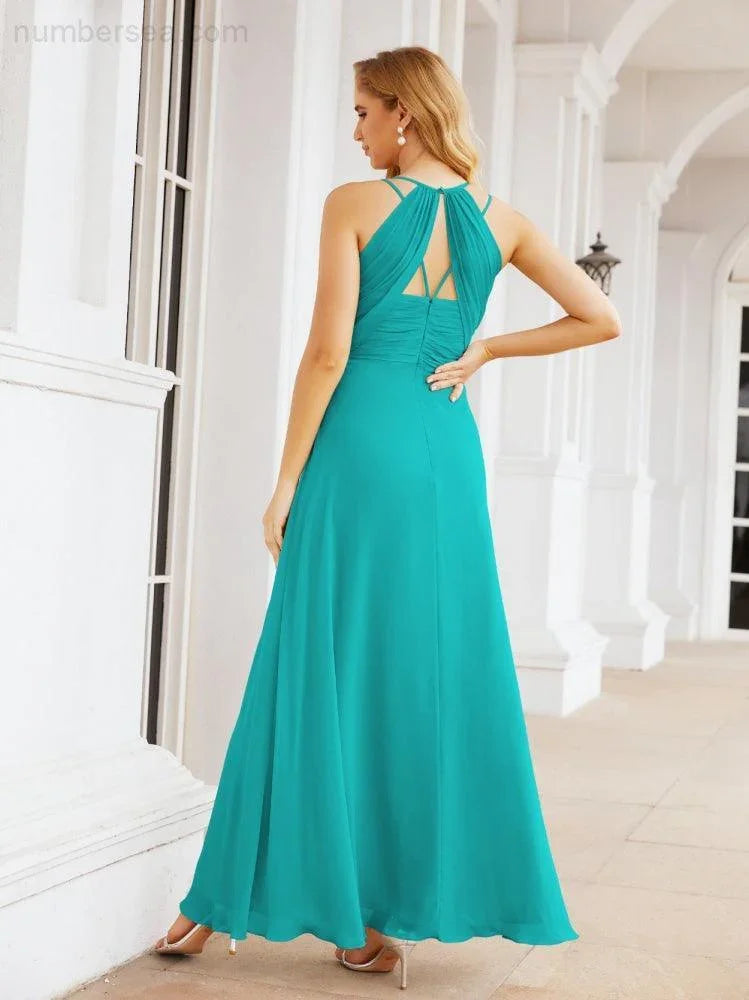 Vestidos de Damas de Honra Numbersea com Alças Duplas de Espaguete para Mulher Vestido Longo Formal para Festa com Fenda Lateral 28051