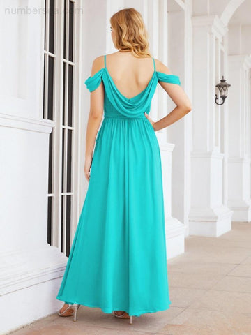 Numbersea Off The Shoulder Chiffon Bridesmaid Dress Long Formal Graduation Gown with Cowl Back 28069