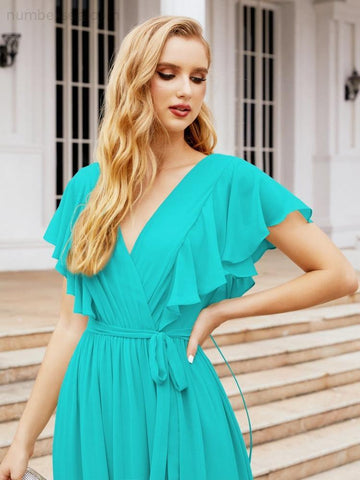 Numbersea Women's Open Back Formal Evening Party Prom Gowns V-Neck Long Chiffon Bridesmaid Dresses with Waist Belt 28038