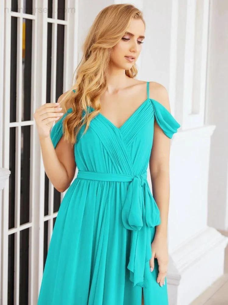 Numbersea Off The Shoulder Chiffon Bridesmaid Dress Long Formal Graduation Gown with Cowl Back 28069 by numbersea
