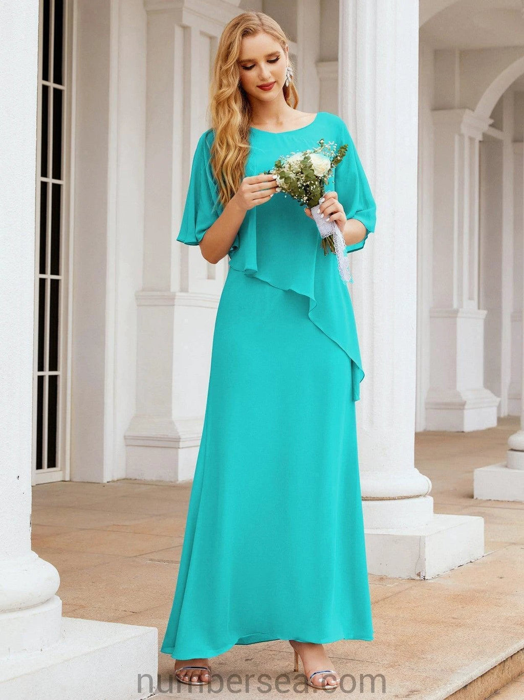 Sunnderly Formal Party Gown Dress Long Mother of The Bride Dresses with Ruffle Cape SY28026 by numbersea