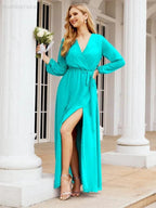Sunnderly Women's Chiffon Bridesmaid Dress A line Long Sleeves Formal Evening Prom Gown for Wedding Guest SY28032 by numbersea