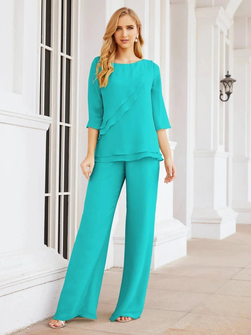 Sunnderly Elegant 2 Piece Mother of The Bride Dress Plus Size Pant Suits Ruffle Layers Sliver Housecoat SY28064 by numbersea