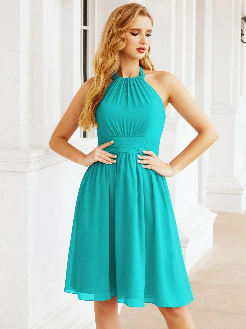 Numbersea Halter Chiffon Bridesmaid Dresses Short Sleeveless Formal Party Dress Open Back 28023 by numbersea