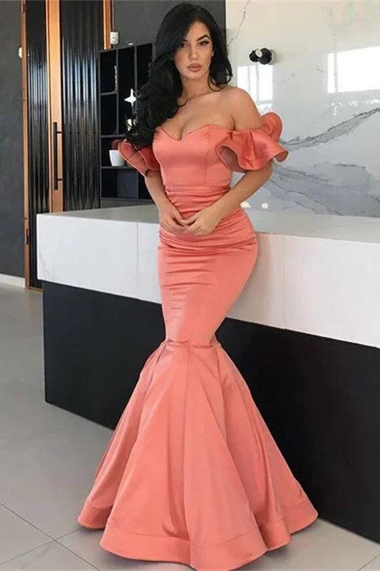 Stunning Long Off the Shoulder Satin Mermaid Prom Dresses by BIZTUNNEL