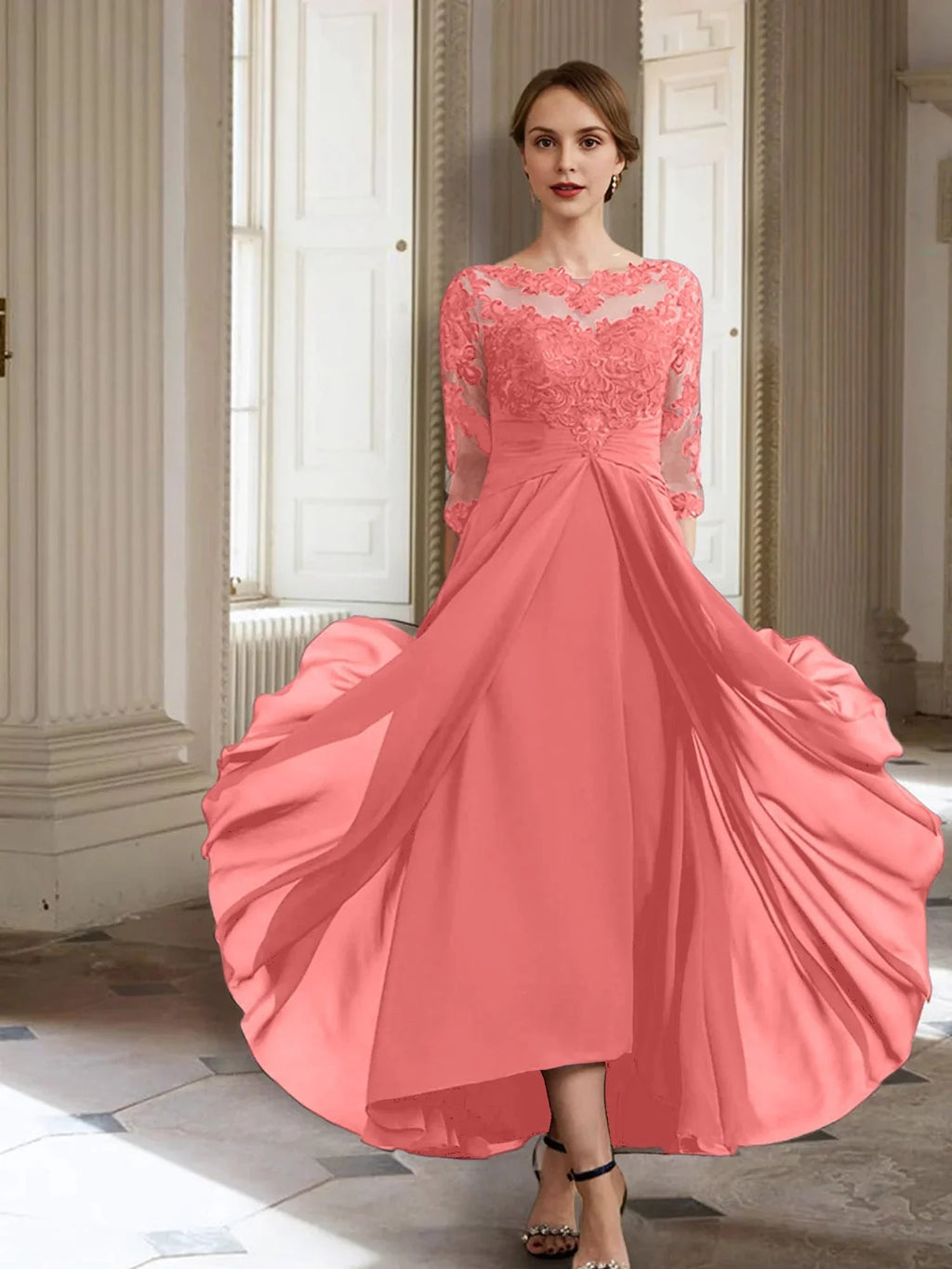 Vestidos de madre de la novia de manga larga con corte A/princesa y apliques 