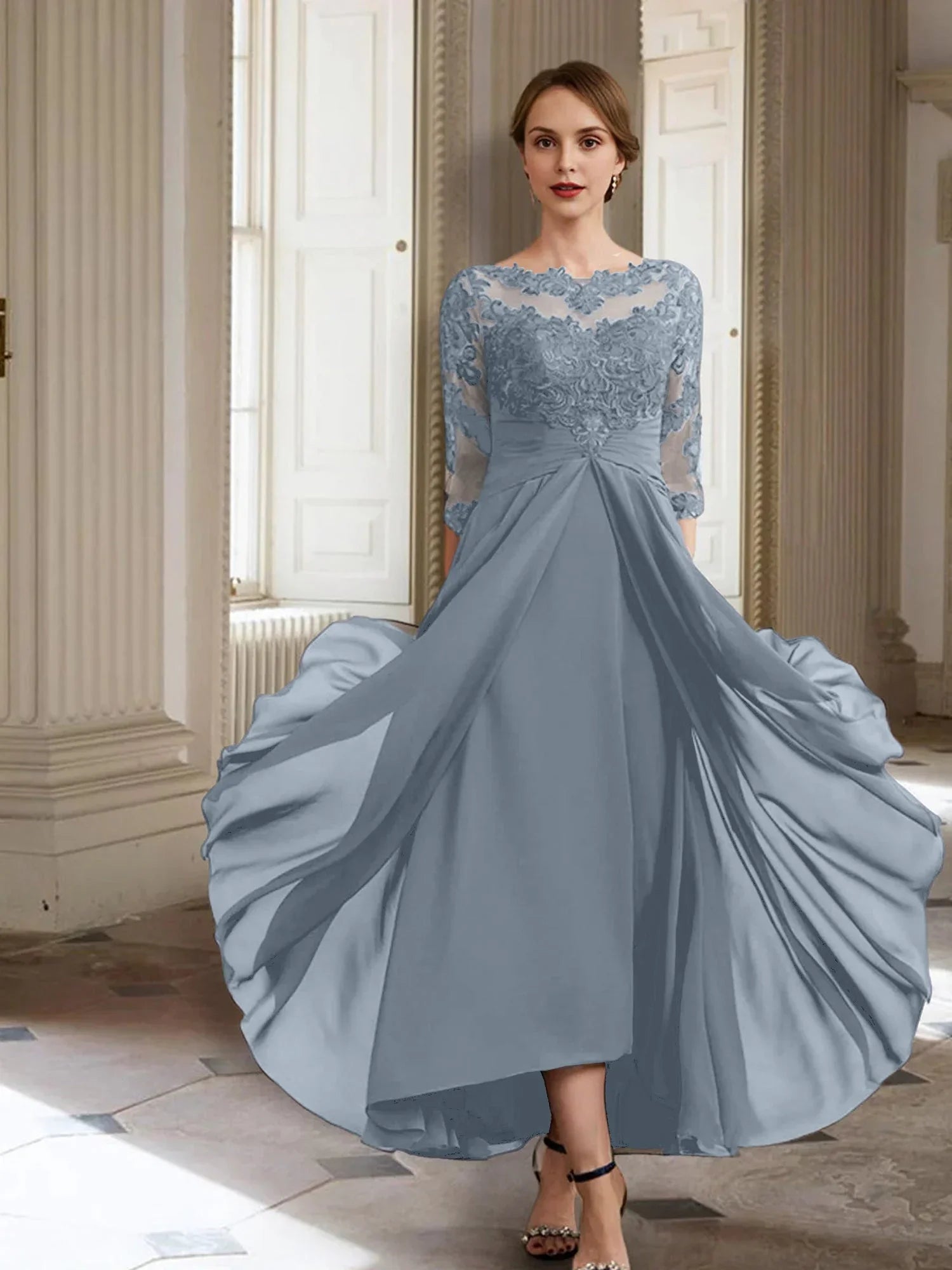 Vestidos de madre de la novia de manga larga con corte A/princesa y apliques 