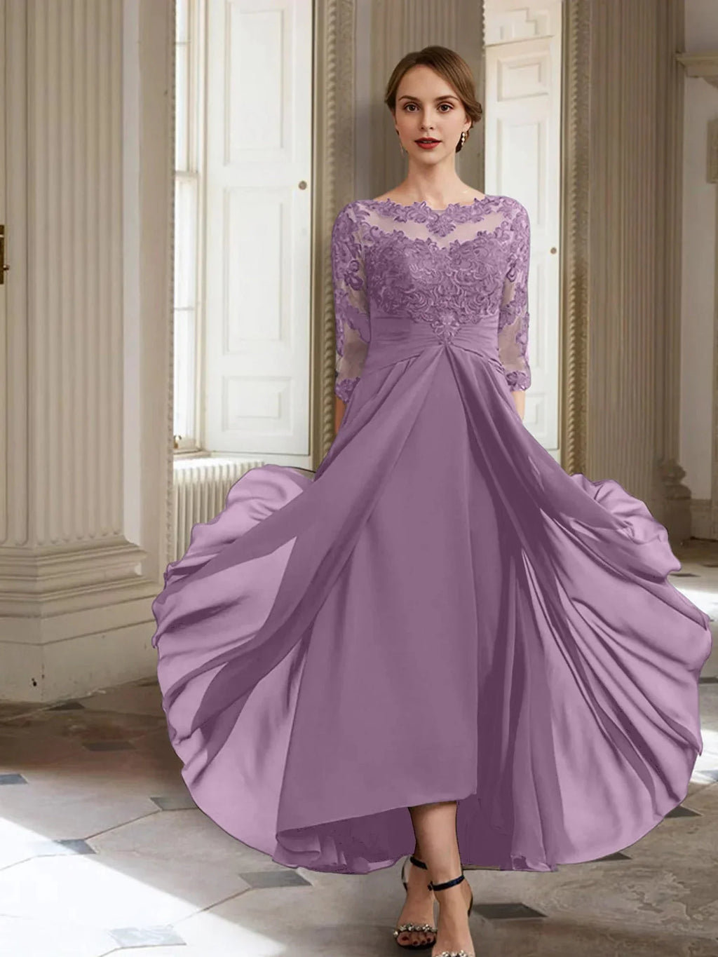 Vestidos de madre de la novia de manga larga con corte A/princesa y apliques 