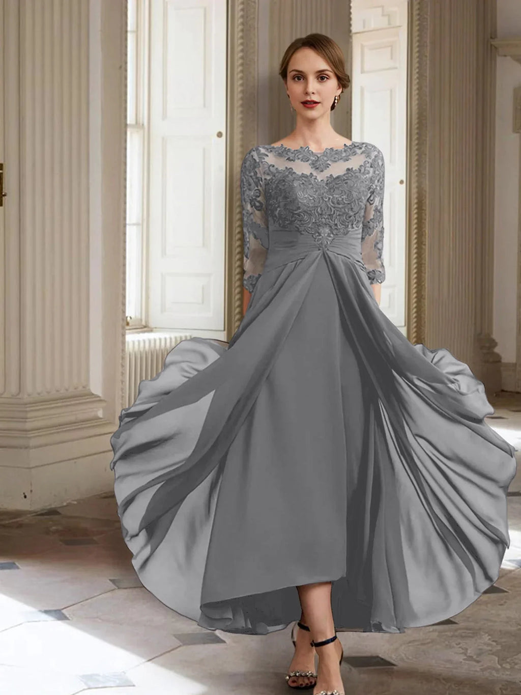 Vestidos de madre de la novia de manga larga con corte A/princesa y apliques 