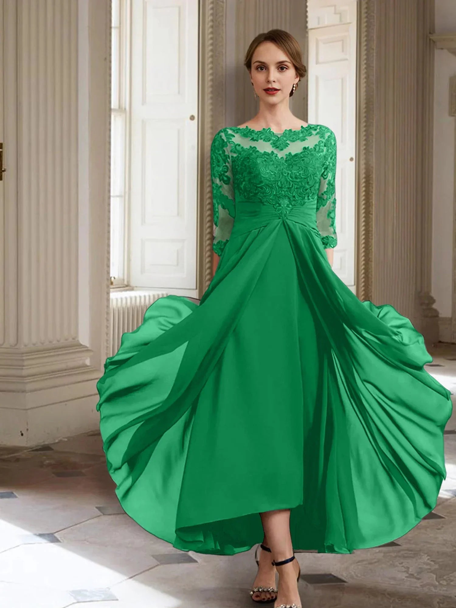 Vestidos de madre de la novia de manga larga con corte A/princesa y apliques 