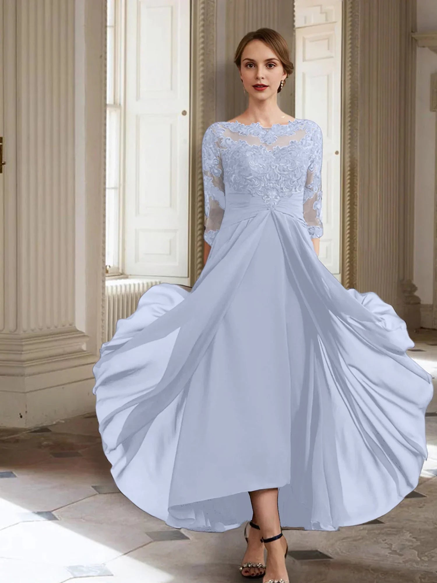 Vestidos de madre de la novia de manga larga con corte A/princesa y apliques 