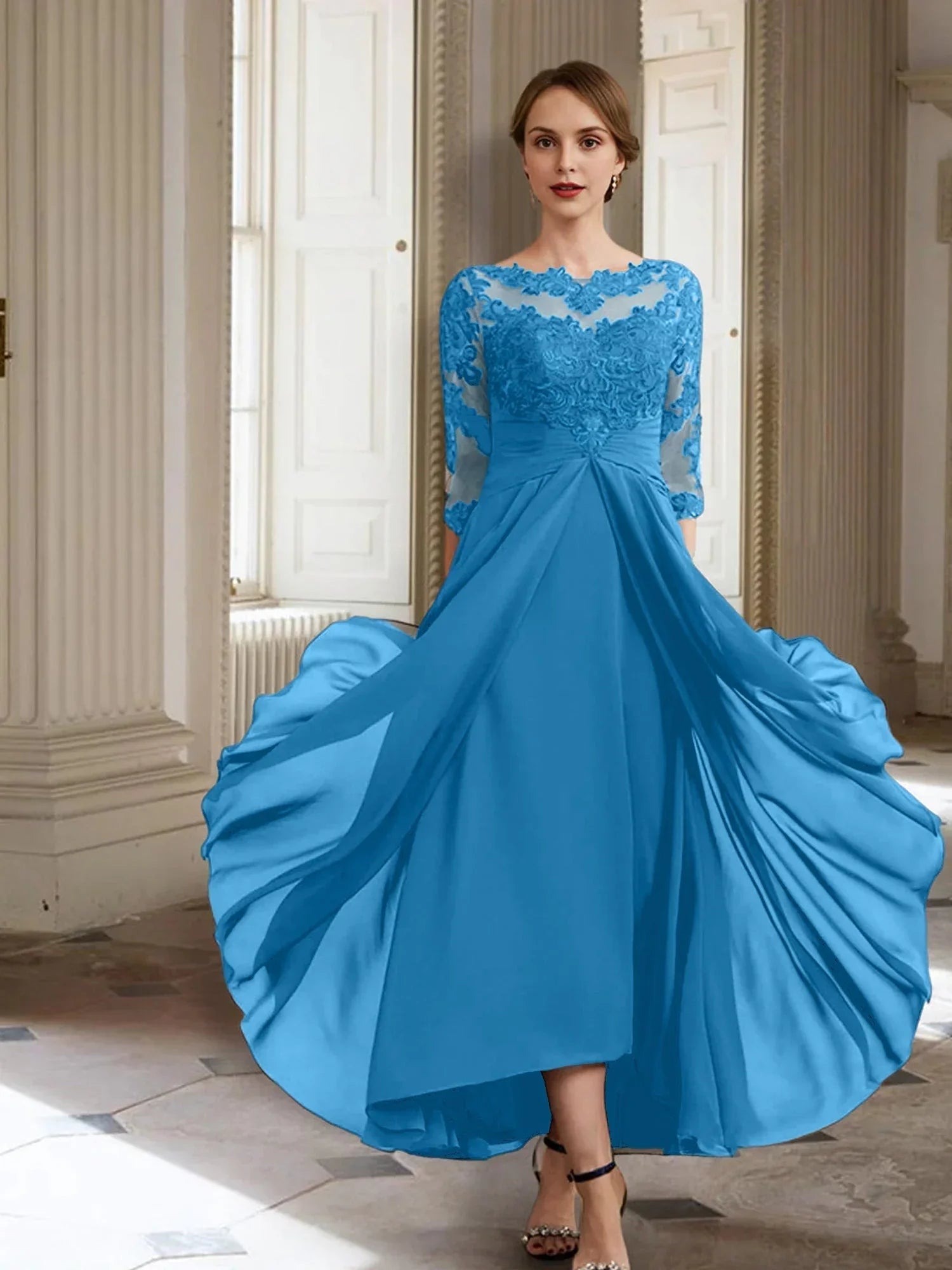 Vestidos de madre de la novia de manga larga con corte A/princesa y apliques 