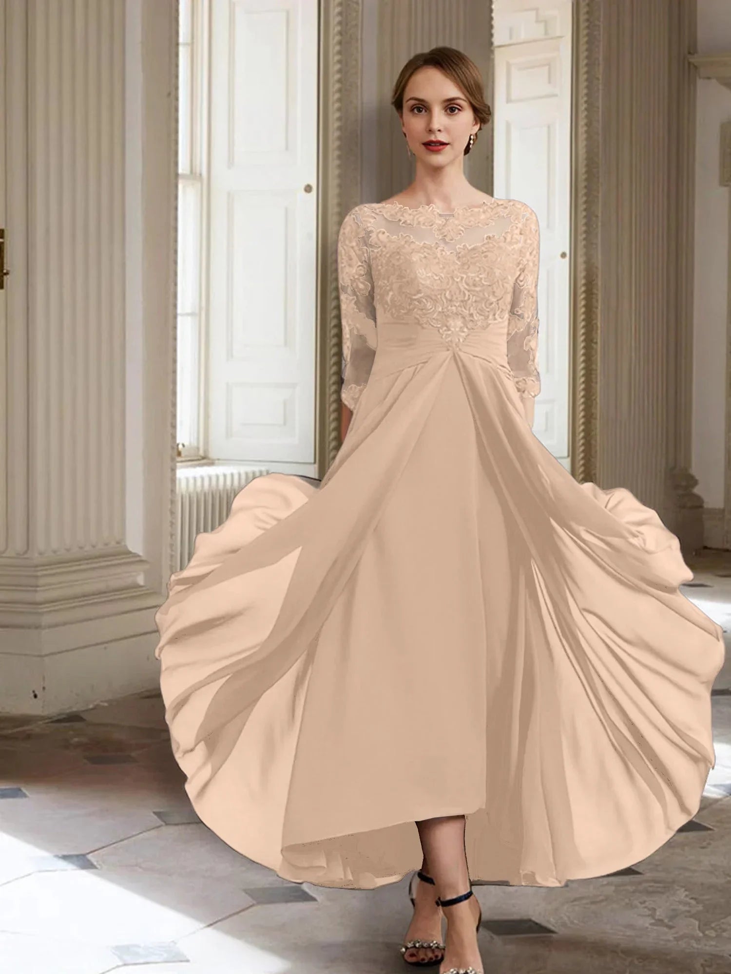 Vestidos de madre de la novia de manga larga con corte A/princesa y apliques 