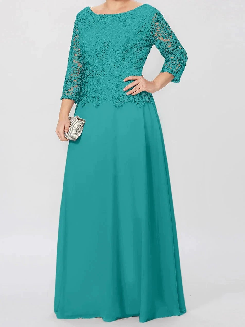 A-Line/Princess Round Neck 3/4 Length Sleeves Floor-Length Mother of the Bride Dresses with Applique & Sequins by Dreamylily