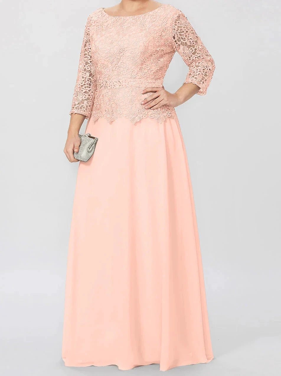 A-Line/Princess Round Neck 3/4 Length Sleeves Floor-Length Mother of the Bride Dresses with Applique & Sequins by Dreamylily