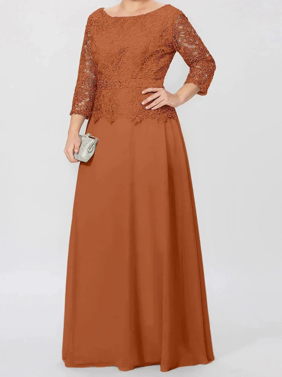 A-Line/Princess Round Neck 3/4 Length Sleeves Floor-Length Mother of the Bride Dresses with Applique & Sequins by Dreamylily