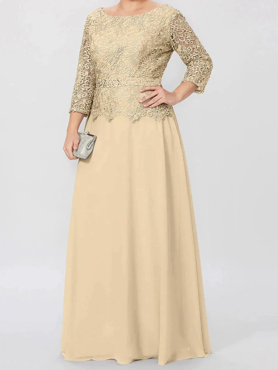 A-Line/Princess Round Neck 3/4 Length Sleeves Floor-Length Mother of the Bride Dresses with Applique & Sequins by Dreamylily