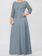 A-Line/Princess Round Neck 3/4 Length Sleeves Floor-Length Mother of the Bride Dresses with Applique & Sequins by Dreamylily