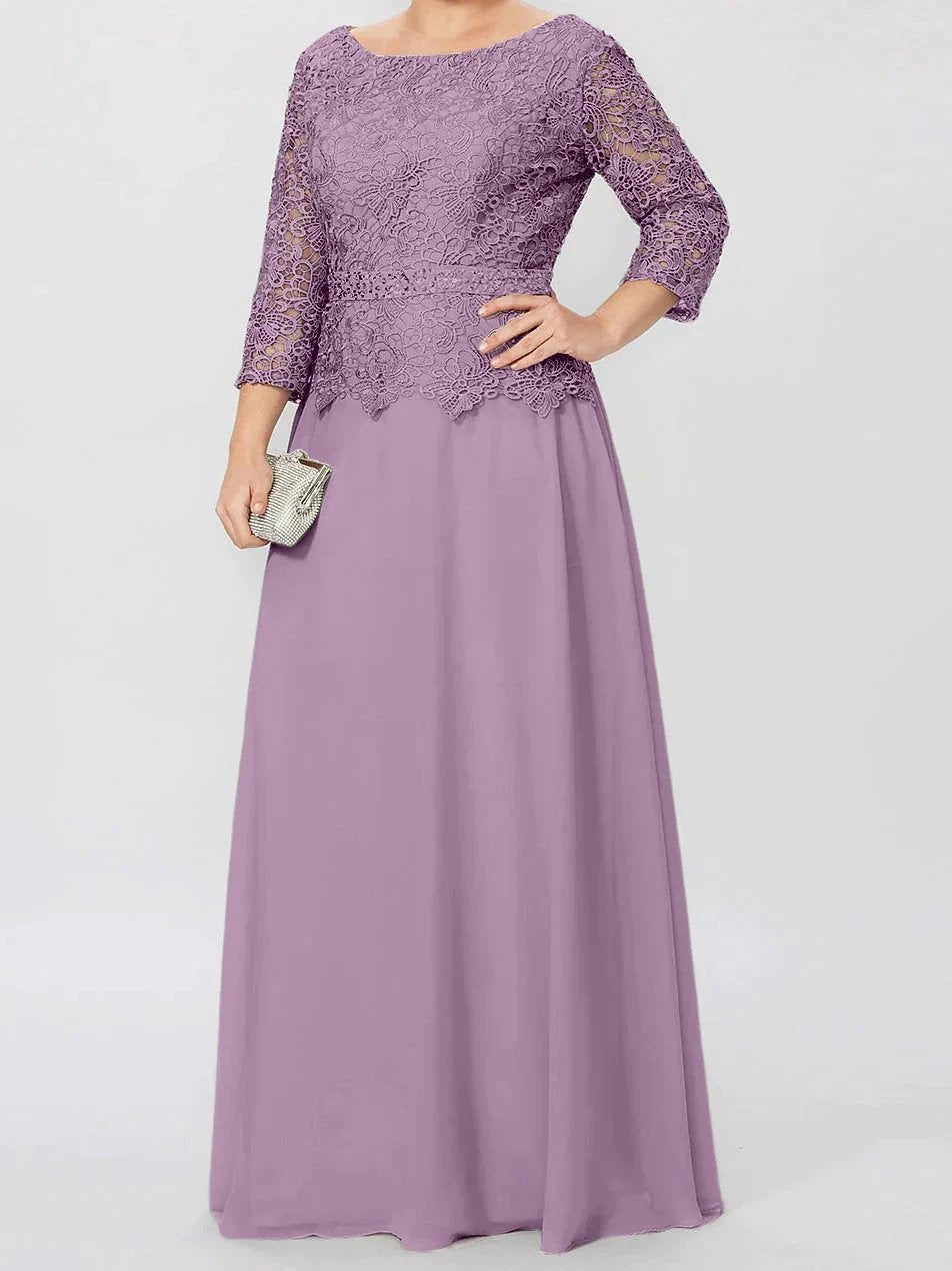 A-Line/Princess Round Neck 3/4 Length Sleeves Floor-Length Mother of the Bride Dresses with Applique & Sequins by Dreamylily