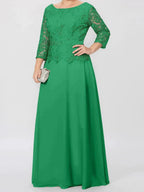 A-Line/Princess Round Neck 3/4 Length Sleeves Floor-Length Mother of the Bride Dresses with Applique & Sequins by Dreamylily
