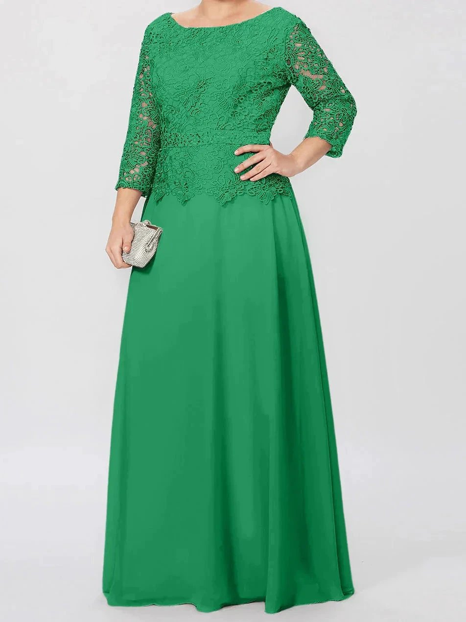 A-Line/Princess Round Neck 3/4 Length Sleeves Floor-Length Mother of the Bride Dresses with Applique & Sequins by Dreamylily