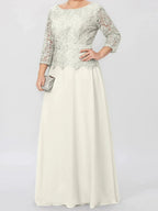 A-Line/Princess Round Neck 3/4 Length Sleeves Floor-Length Mother of the Bride Dresses with Applique & Sequins by Dreamylily
