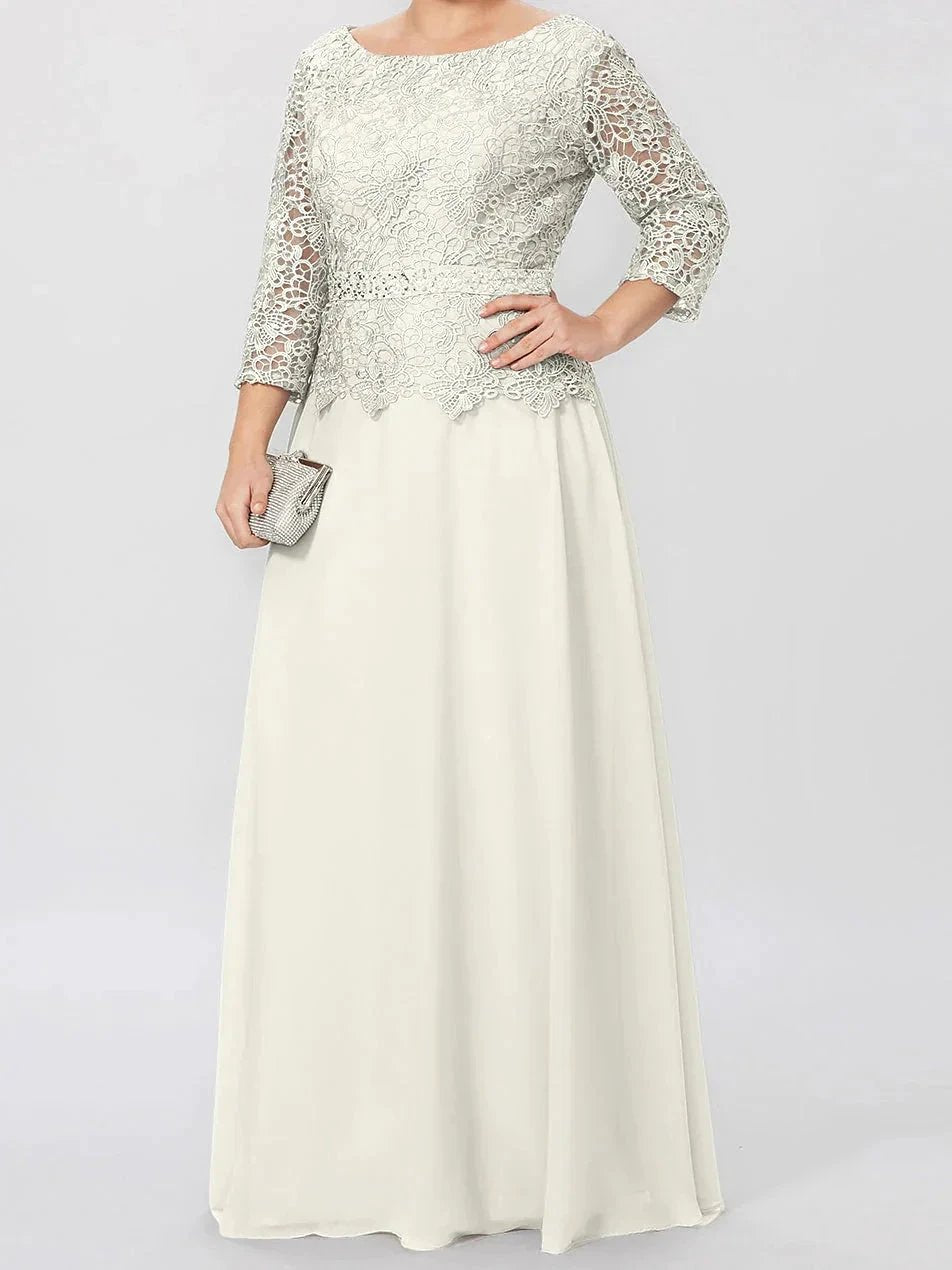 A-Line/Princess Round Neck 3/4 Length Sleeves Floor-Length Mother of the Bride Dresses with Applique & Sequins by Dreamylily