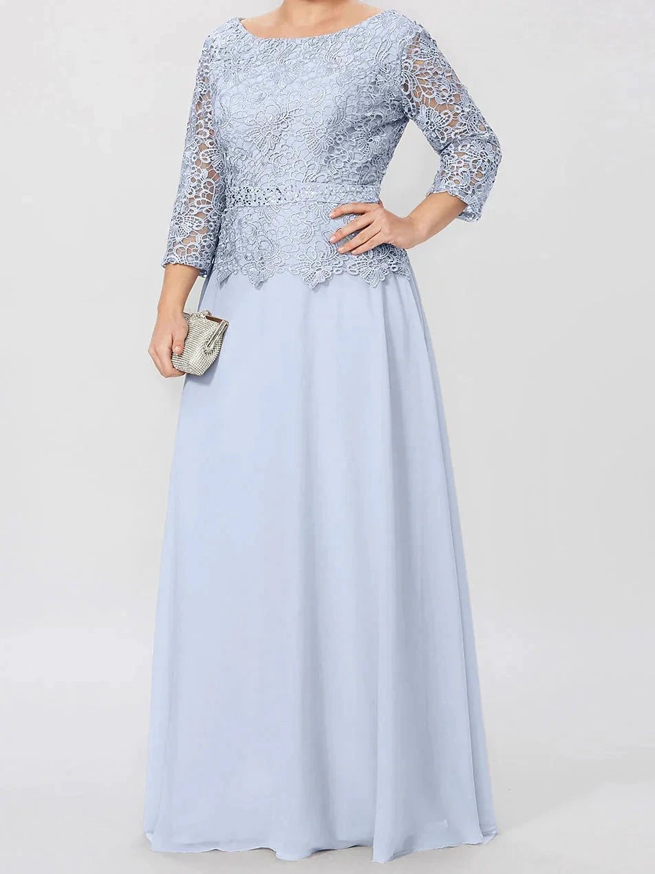 A-Line/Princess Round Neck 3/4 Length Sleeves Floor-Length Mother of the Bride Dresses with Applique & Sequins by Dreamylily