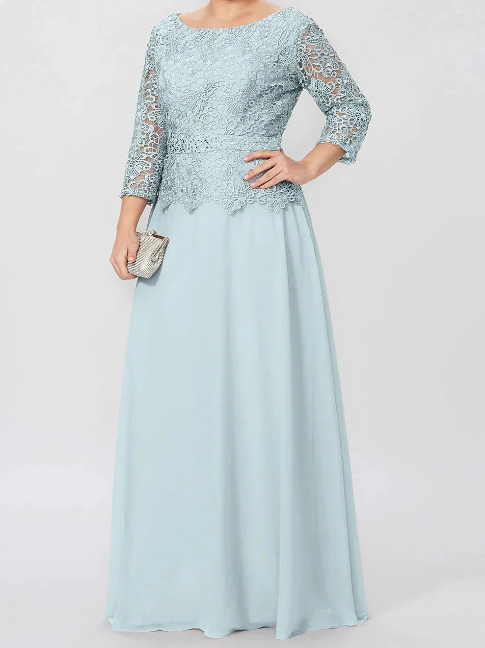 A-Line/Princess Round Neck 3/4 Length Sleeves Floor-Length Mother of the Bride Dresses with Applique & Sequins by Dreamylily