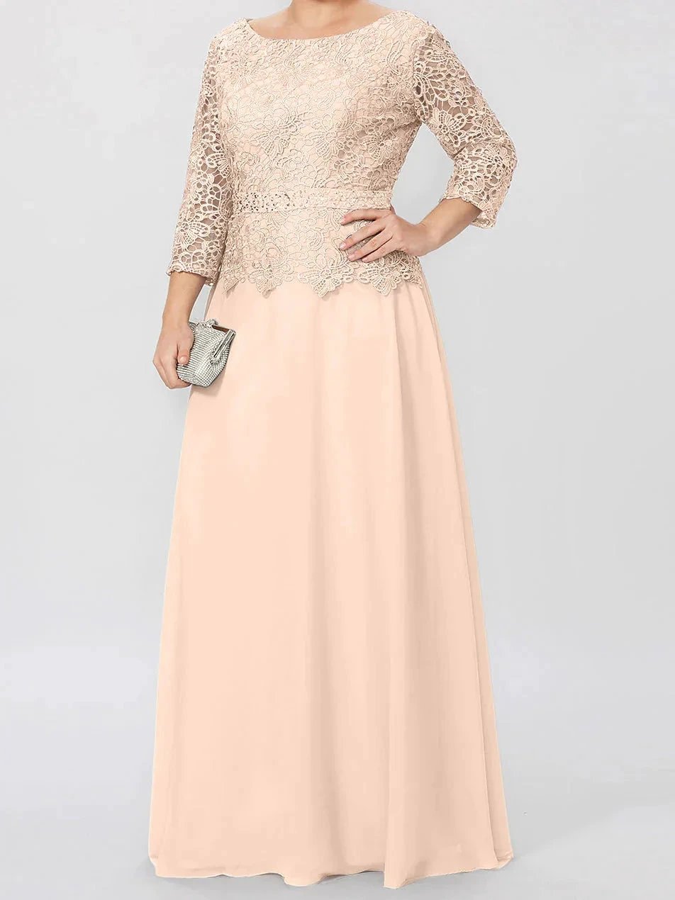 A-Line/Princess Round Neck 3/4 Length Sleeves Floor-Length Mother of the Bride Dresses with Applique & Sequins by Dreamylily