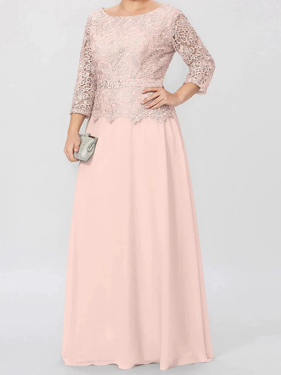 A-Line/Princess Round Neck 3/4 Length Sleeves Floor-Length Mother of the Bride Dresses with Applique & Sequins by Dreamylily