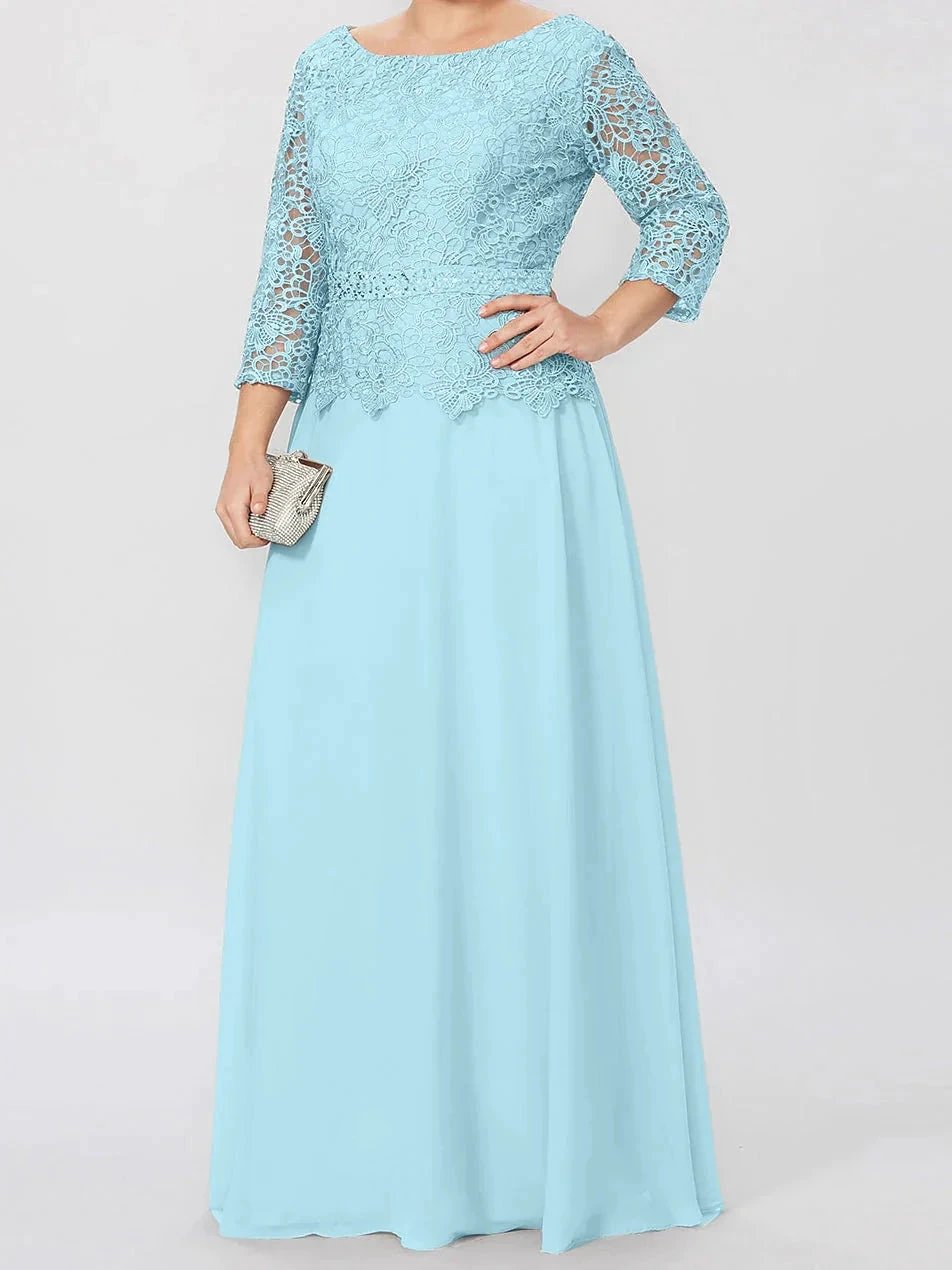 A-Line/Princess Round Neck 3/4 Length Sleeves Floor-Length Mother of the Bride Dresses with Applique & Sequins by Dreamylily