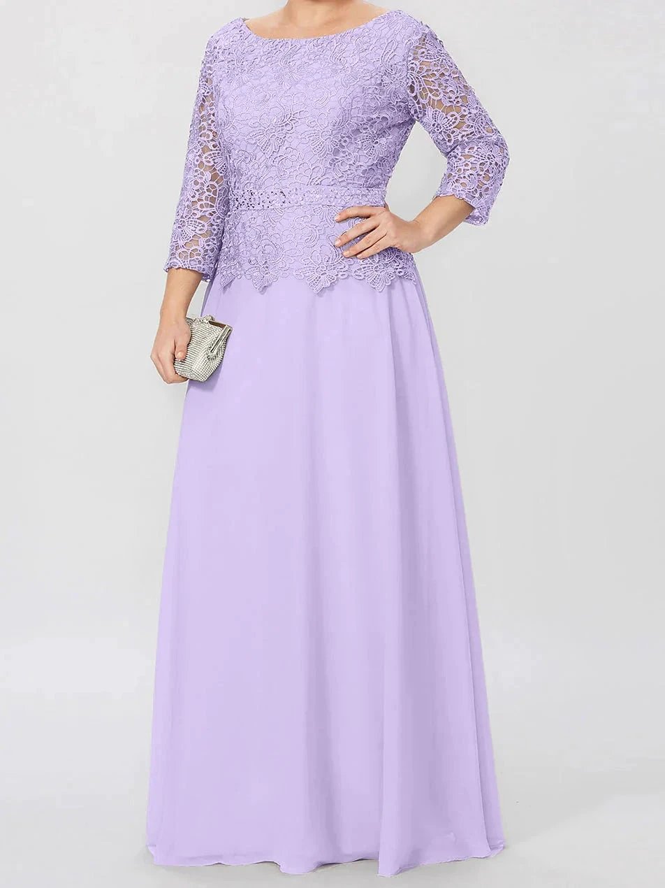 A-Line/Princess Round Neck 3/4 Length Sleeves Floor-Length Mother of the Bride Dresses with Applique & Sequins by Dreamylily