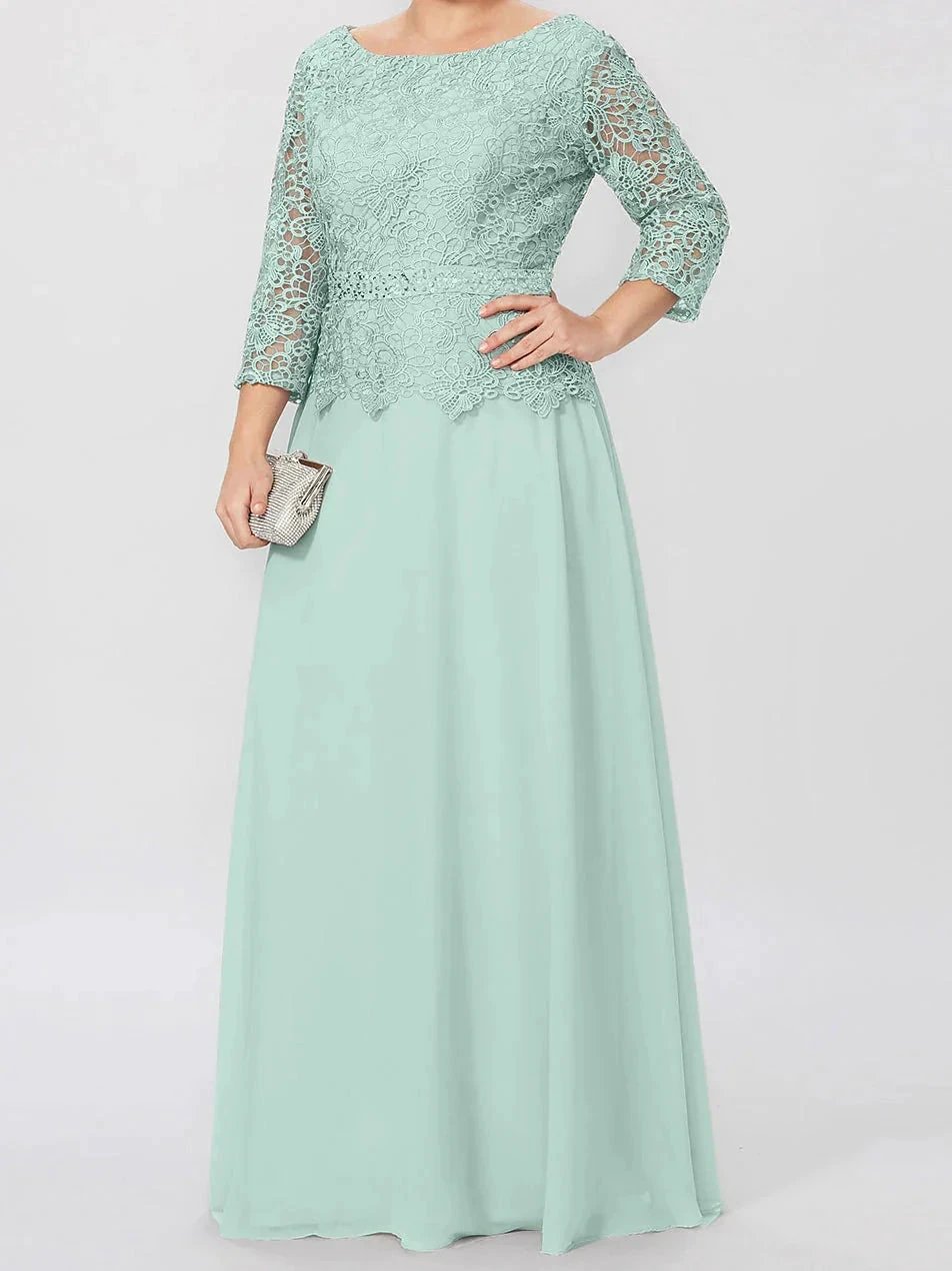 A-Line/Princess Round Neck 3/4 Length Sleeves Floor-Length Mother of the Bride Dresses with Applique & Sequins by Dreamylily