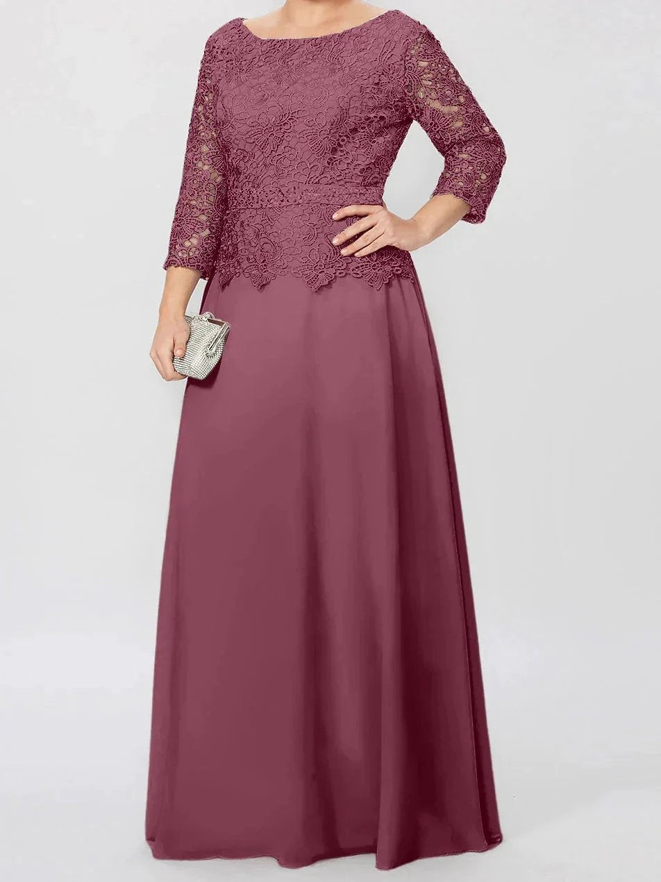 A-Line/Princess Round Neck 3/4 Length Sleeves Floor-Length Mother of the Bride Dresses with Applique & Sequins by Dreamylily