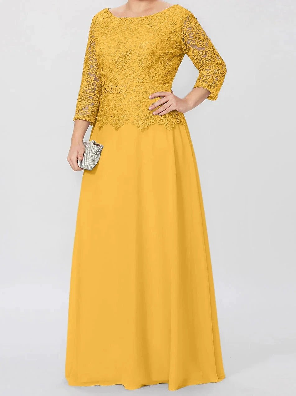 A-Line/Princess Round Neck 3/4 Length Sleeves Floor-Length Mother of the Bride Dresses with Applique & Sequins by Dreamylily