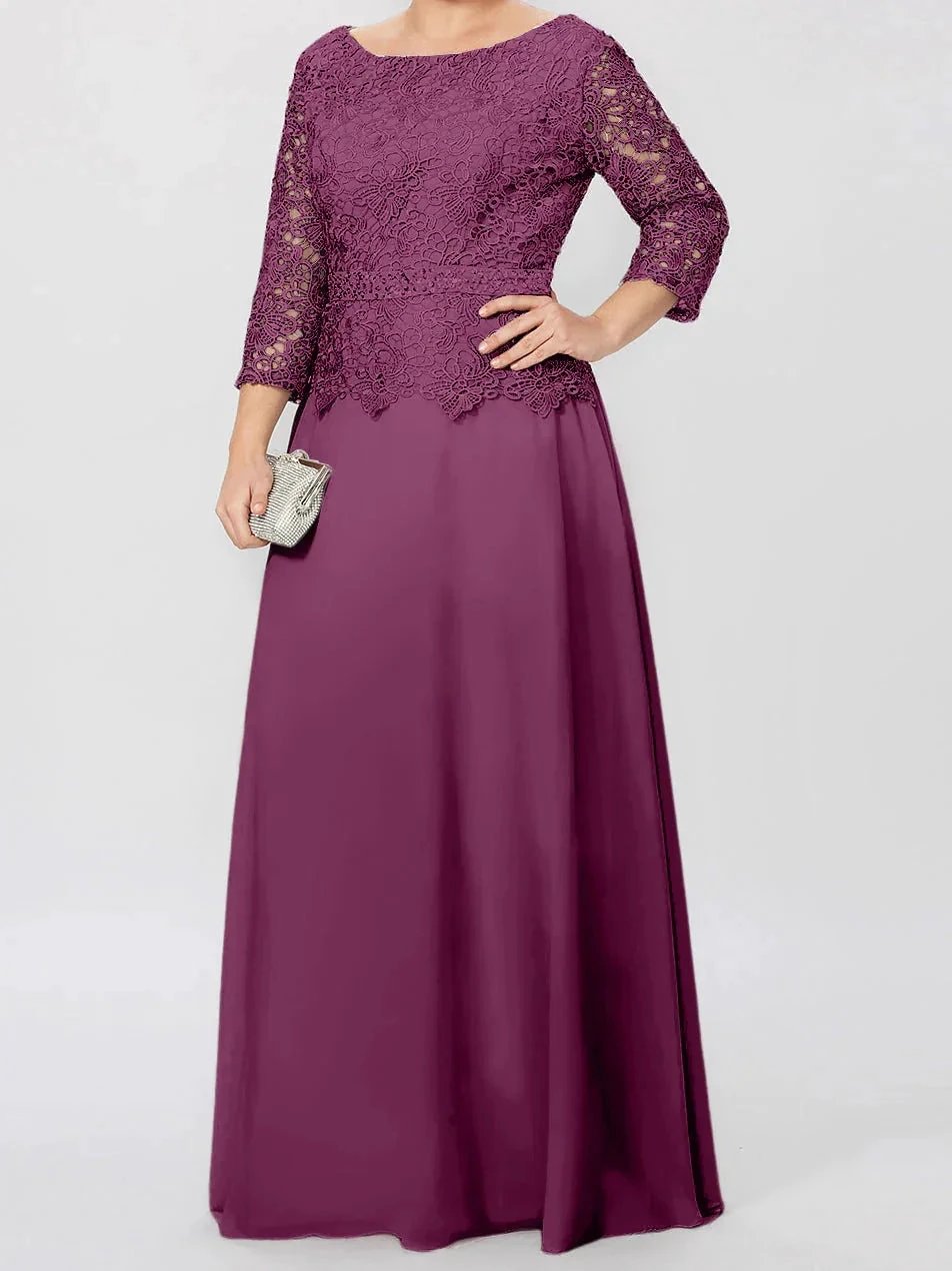 A-Line/Princess Round Neck 3/4 Length Sleeves Floor-Length Mother of the Bride Dresses with Applique & Sequins by Dreamylily