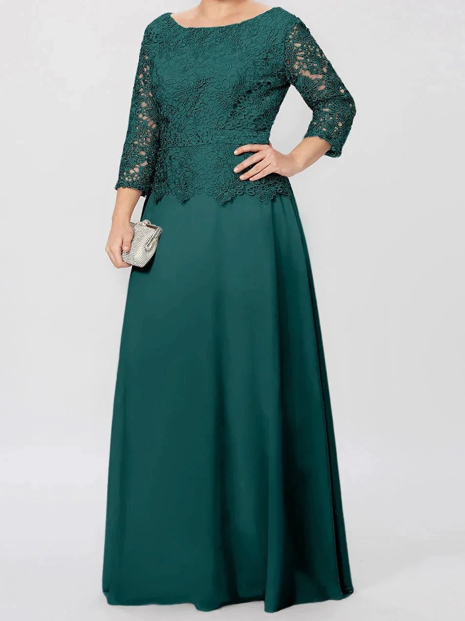 A-Line/Princess Round Neck 3/4 Length Sleeves Floor-Length Mother of the Bride Dresses with Applique & Sequins by Dreamylily