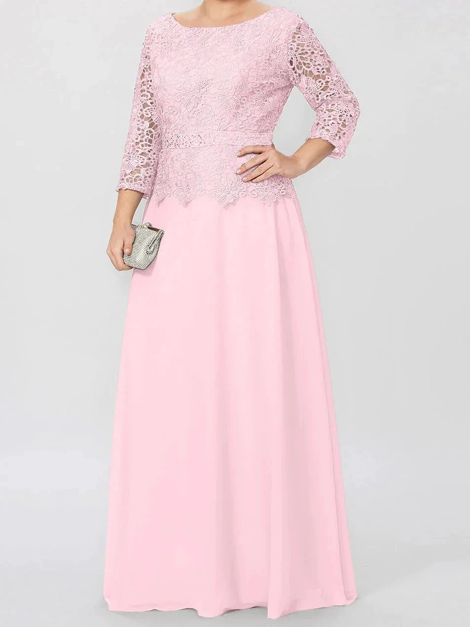 A-Line/Princess Round Neck 3/4 Length Sleeves Floor-Length Mother of the Bride Dresses with Applique & Sequins by Dreamylily