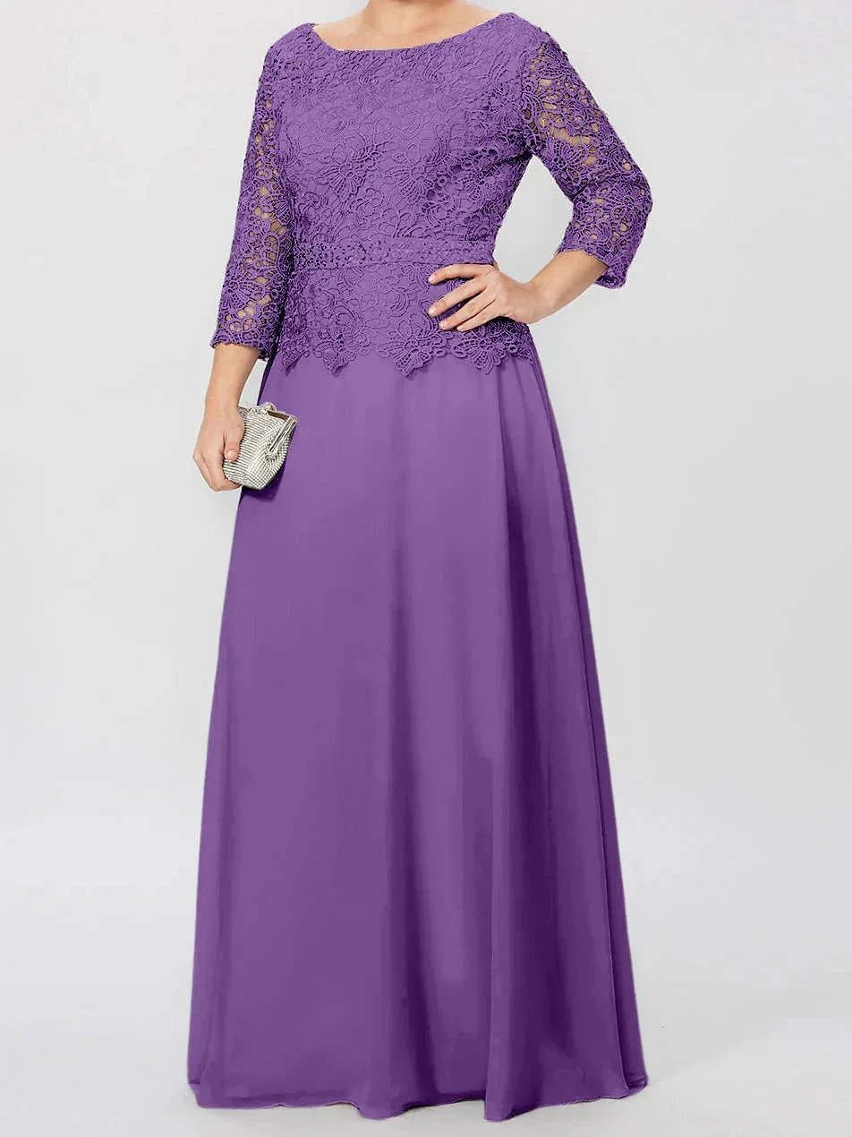 A-Line/Princess Round Neck 3/4 Length Sleeves Floor-Length Mother of the Bride Dresses with Applique & Sequins by Dreamylily