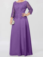 A-Line/Princess Round Neck 3/4 Length Sleeves Floor-Length Mother of the Bride Dresses with Applique & Sequins by Dreamylily