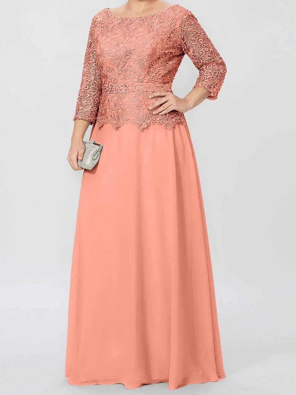 A-Line/Princess Round Neck 3/4 Length Sleeves Floor-Length Mother of the Bride Dresses with Applique & Sequins by Dreamylily