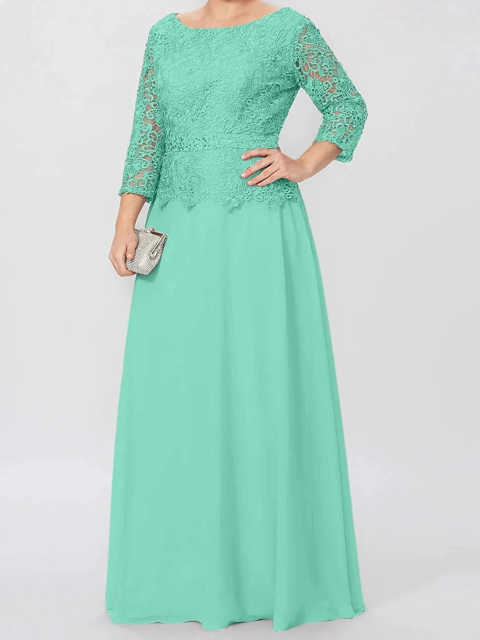 A-Line/Princess Round Neck 3/4 Length Sleeves Floor-Length Mother of the Bride Dresses with Applique & Sequins by Dreamylily
